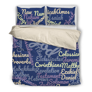 Blue/Beige Books of the Bible Bedding Set