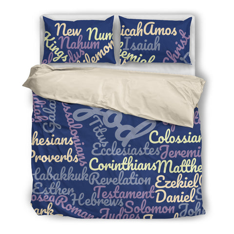 Blue/Beige Books of the Bible Bedding Set
