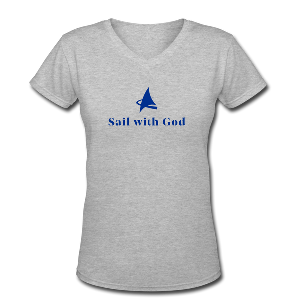 "Sail with God" V-Neck T-Shirt - gray