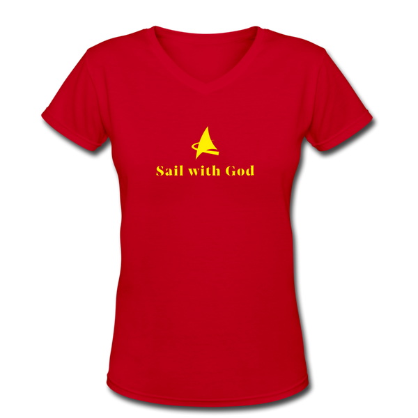 "Sail with God" V-Neck T-Shirt - red