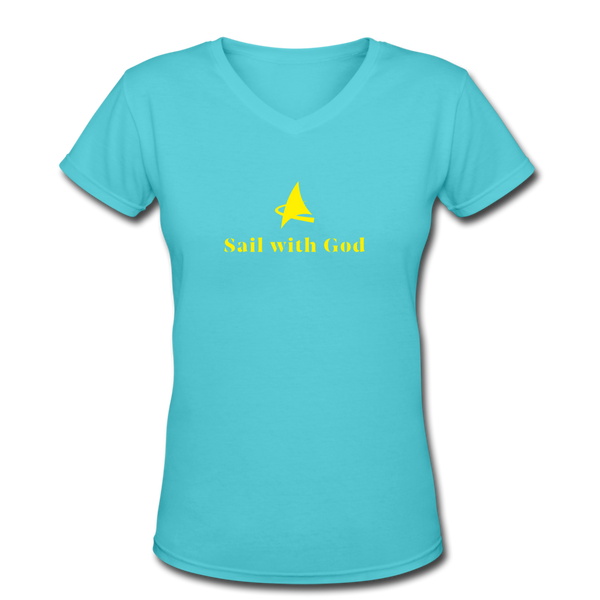 "Sail with God" V-Neck T-Shirt - aqua