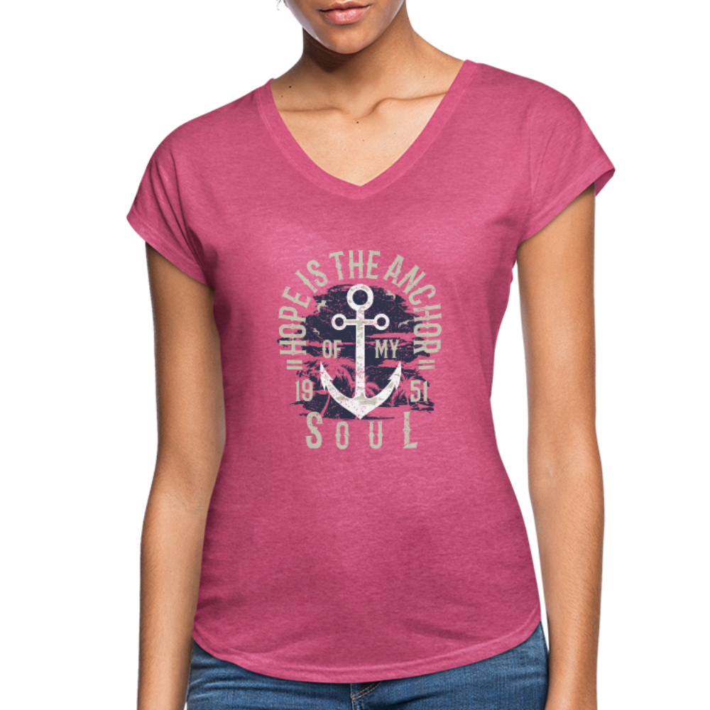 Hope is the Anchor - Tri-Blend V-Neck T-Shirt - heather raspberry