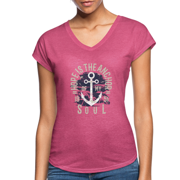 Hope is the Anchor - Tri-Blend V-Neck T-Shirt - heather raspberry