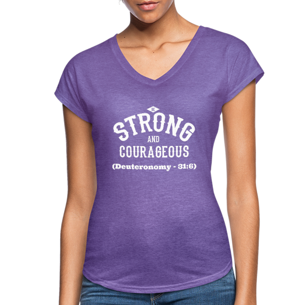 Be Strong and Courageous V-Neck T-Shirt - purple heather