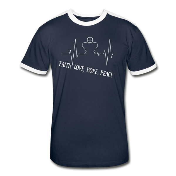 Faith, Love, Hope, Peace Ringer T-Shirt - navy/white