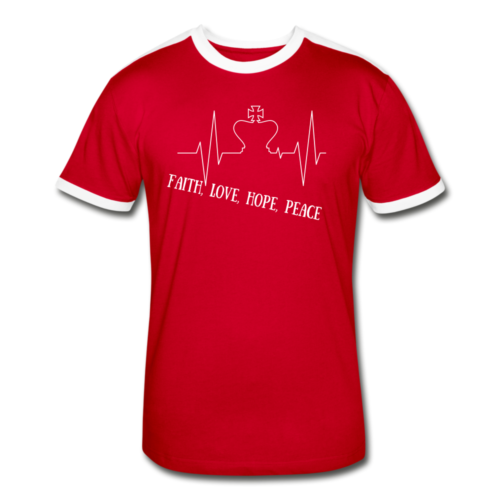 Faith, Love, Hope, Peace Ringer T-Shirt - red/white