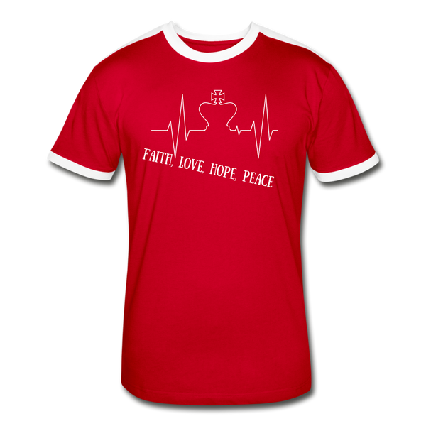 Faith, Love, Hope, Peace Ringer T-Shirt - red/white